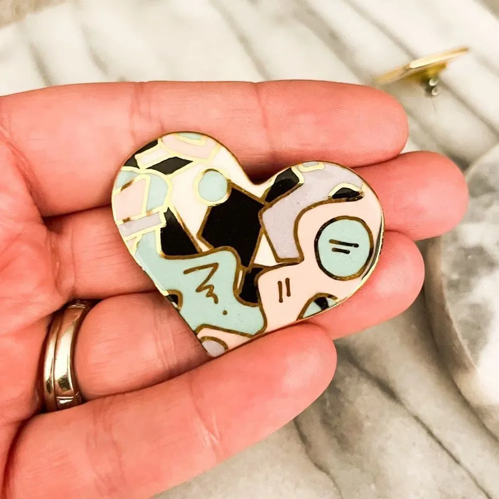 Vintage Cynthia Chuang Heart Brooch and Square‎ Earrings Set Ceramic Unsigned